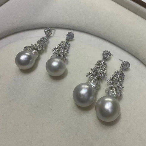 12-14mm White South Sea Baroque Pearl & Feather Earrings - House Of Pearls
